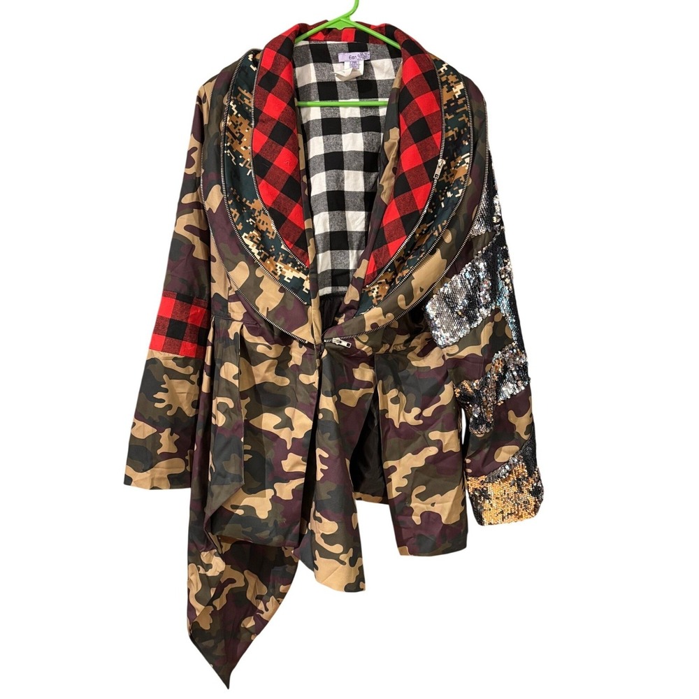 Eien USA Camo Plaid Sequin Mixed Media Asymmetrical Jacket Womens 2XL EI-1732X